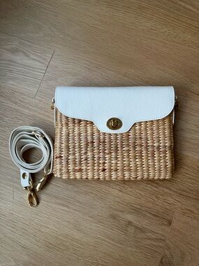 Woven Straw Crossbody Bag with White Leather Flap
